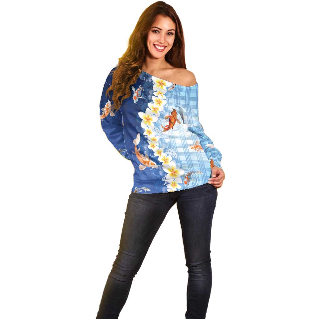 Hawaii And Japan Off Shoulder Sweater Plumeria Lei With Koi Fish Blue - Polynesian Pride