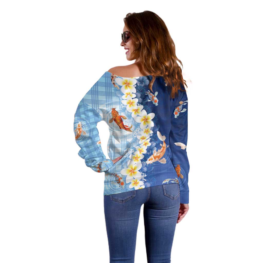 Hawaii And Japan Off Shoulder Sweater Plumeria Lei With Koi Fish Blue - Polynesian Pride