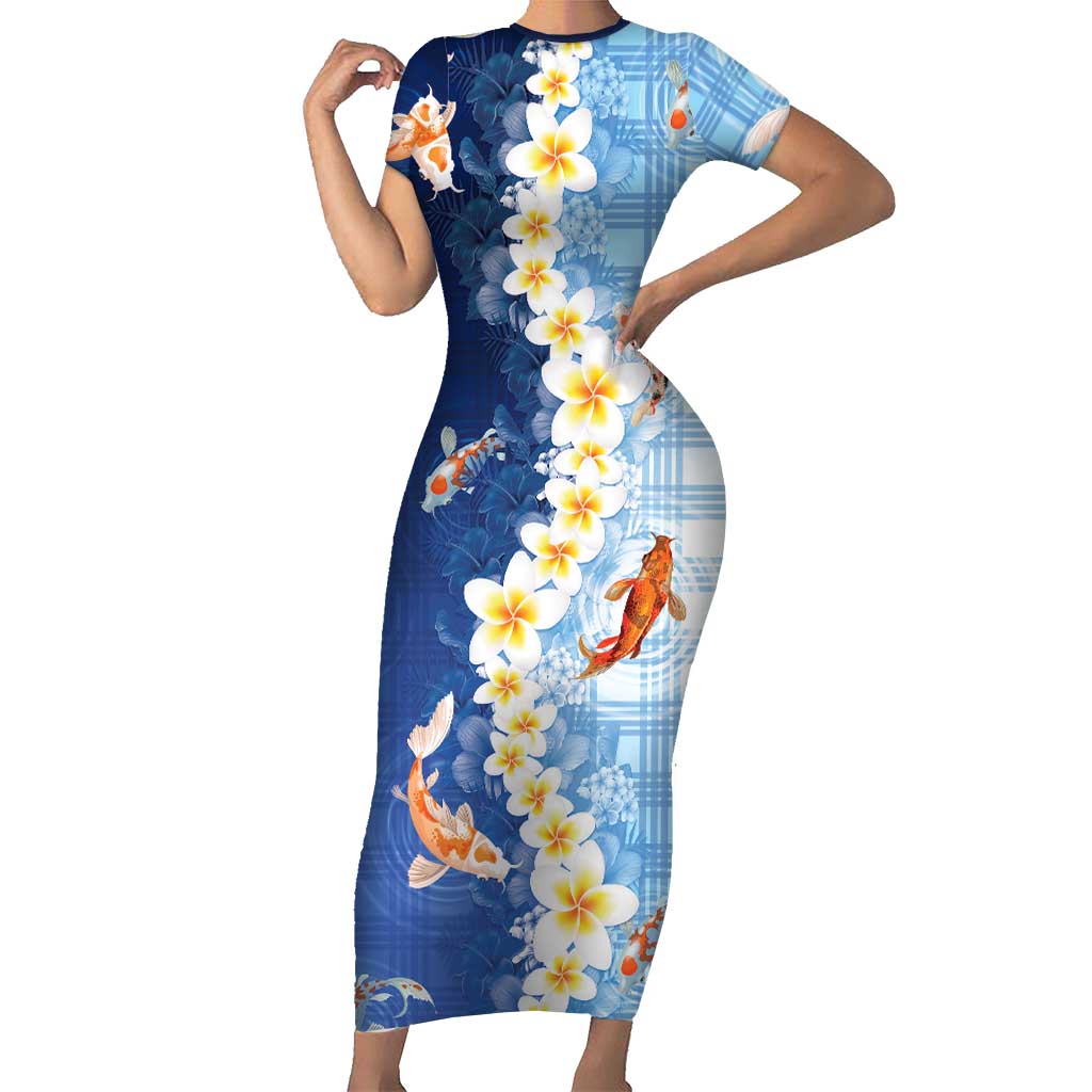 Hawaii And Japan Short Sleeve Bodycon Dress Plumeria Lei With Koi Fish Blue - Polynesian Pride