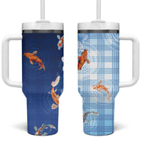 Hawaii And Japan Tumbler With Handle Plumeria Lei With Koi Fish Blue LT05 One Size: 40 oz Blue - Polynesian Pride
