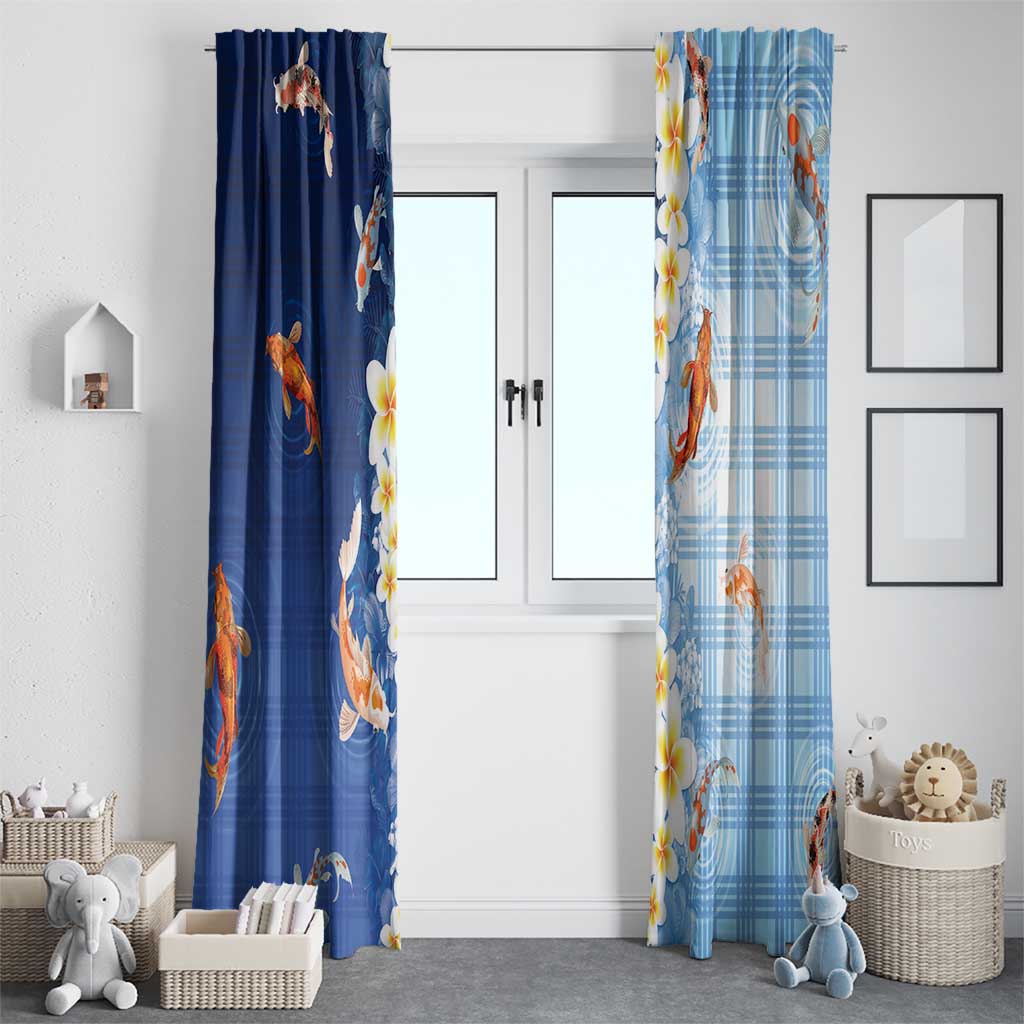 Hawaii And Japan Window Curtain Plumeria Lei With Koi Fish Blue - Polynesian Pride