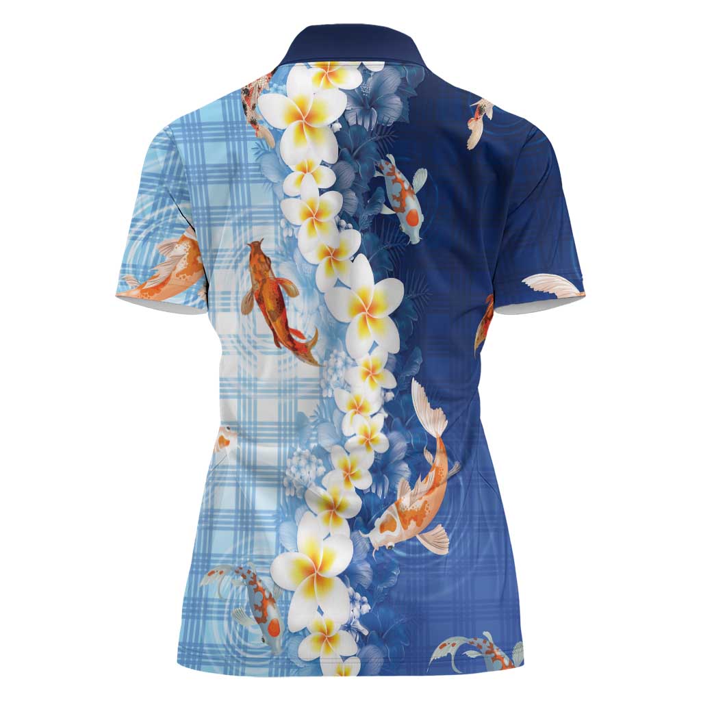 Hawaii And Japan Women Polo Shirt Plumeria Lei With Koi Fish Blue - Polynesian Pride