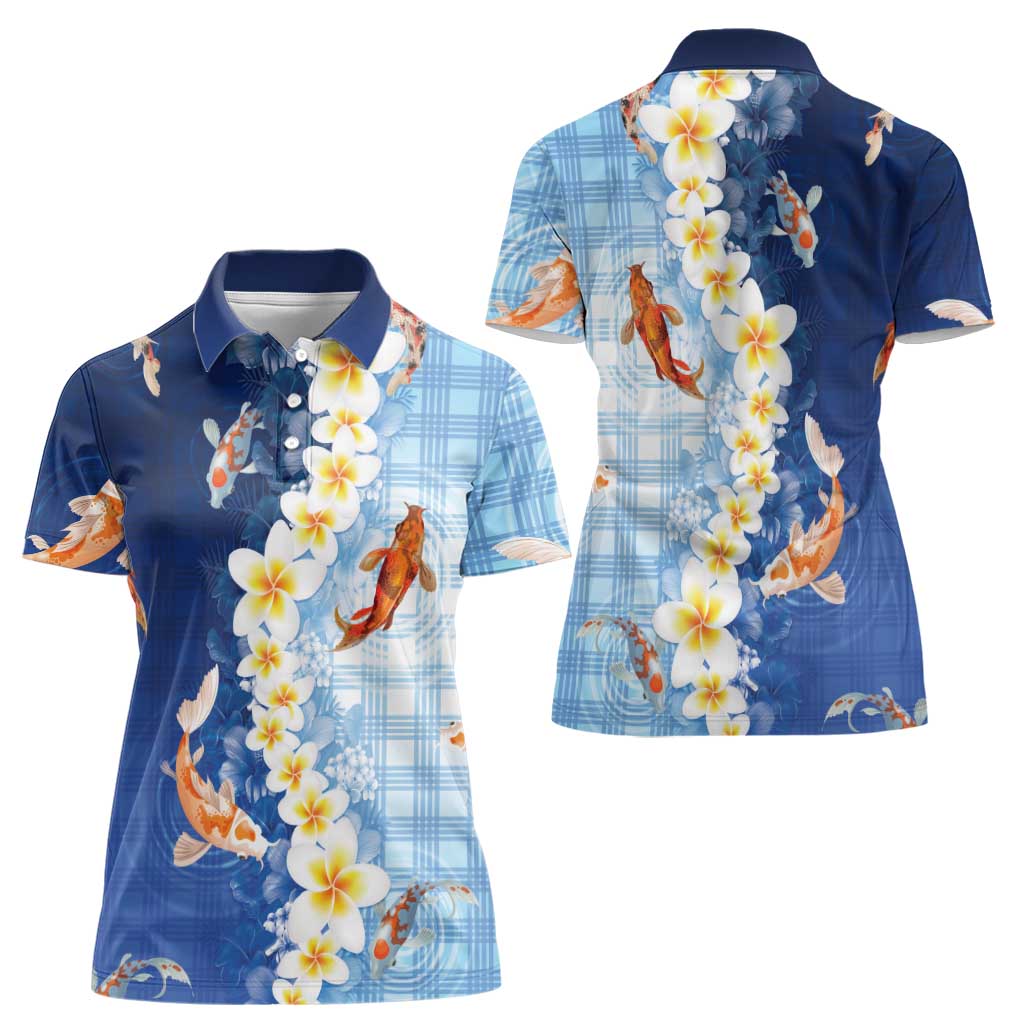 Hawaii And Japan Women Polo Shirt Plumeria Lei With Koi Fish Blue - Polynesian Pride