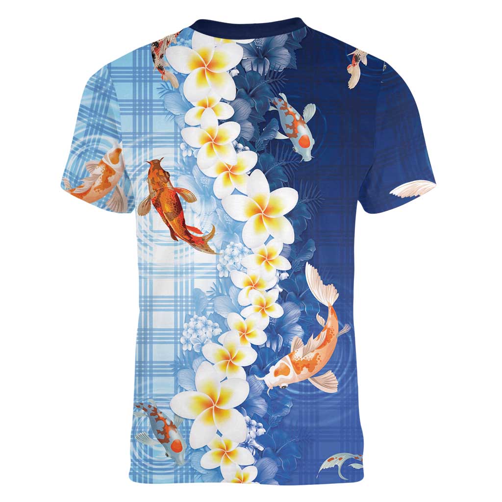 Hawaii And Japan Women V-Neck T-Shirt Plumeria Lei With Koi Fish Blue - Polynesian Pride
