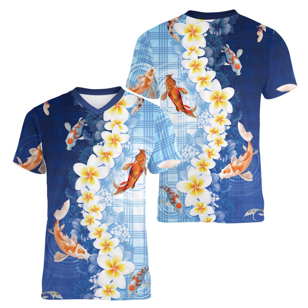 Hawaii And Japan Women V-Neck T-Shirt Plumeria Lei With Koi Fish Blue - Polynesian Pride