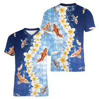 Hawaii And Japan Women V-Neck T-Shirt Plumeria Lei With Koi Fish Blue - Polynesian Pride