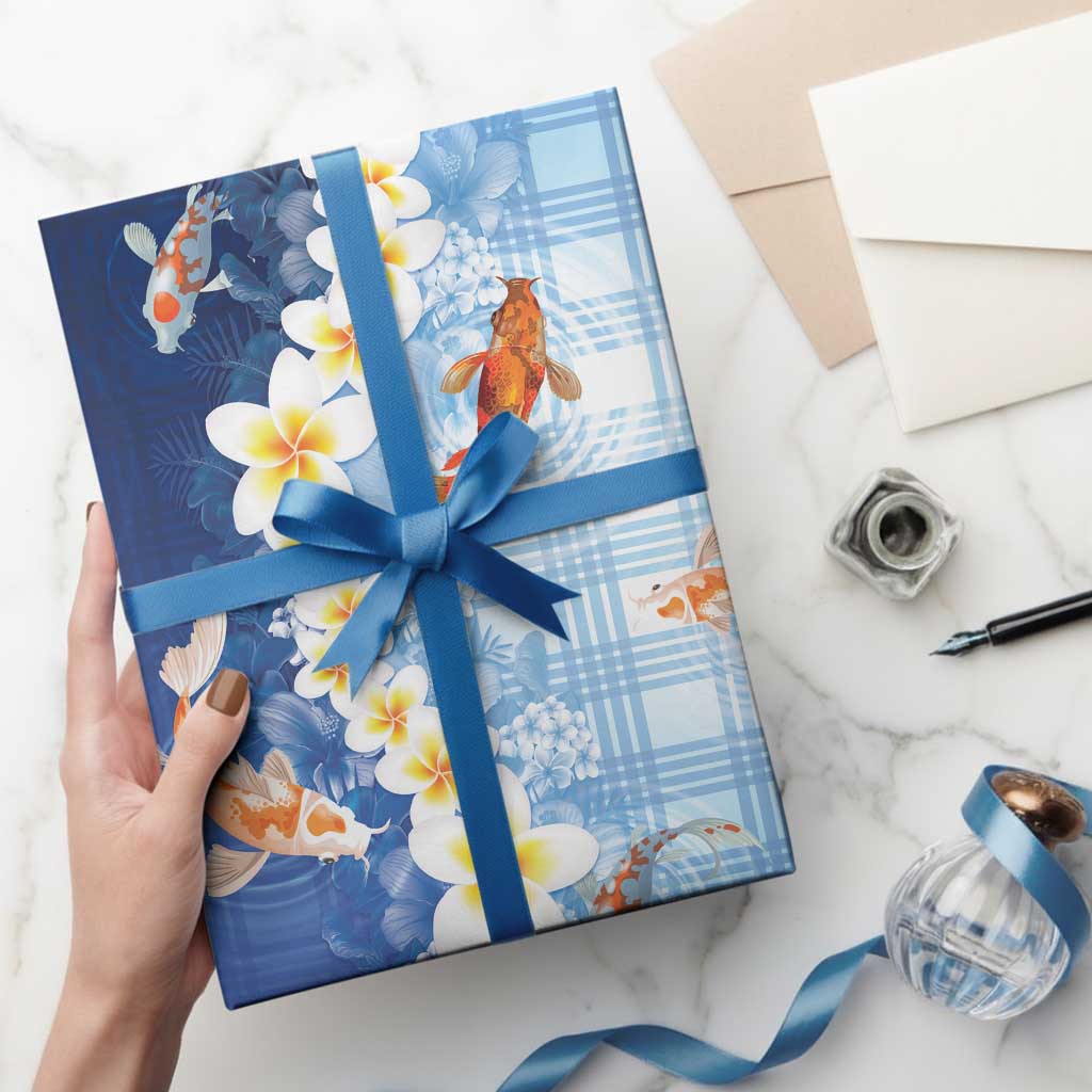 Hawaii And Japan Wrapping Paper Plumeria Lei With Koi Fish Blue