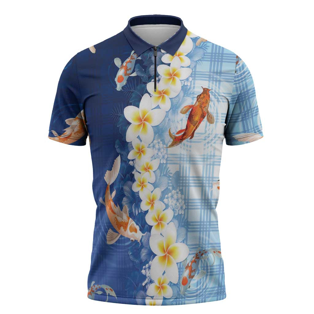 Hawaii And Japan Zipper Polo Shirt Plumeria Lei With Koi Fish Blue - Polynesian Pride