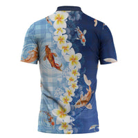 Hawaii And Japan Zipper Polo Shirt Plumeria Lei With Koi Fish Blue - Polynesian Pride