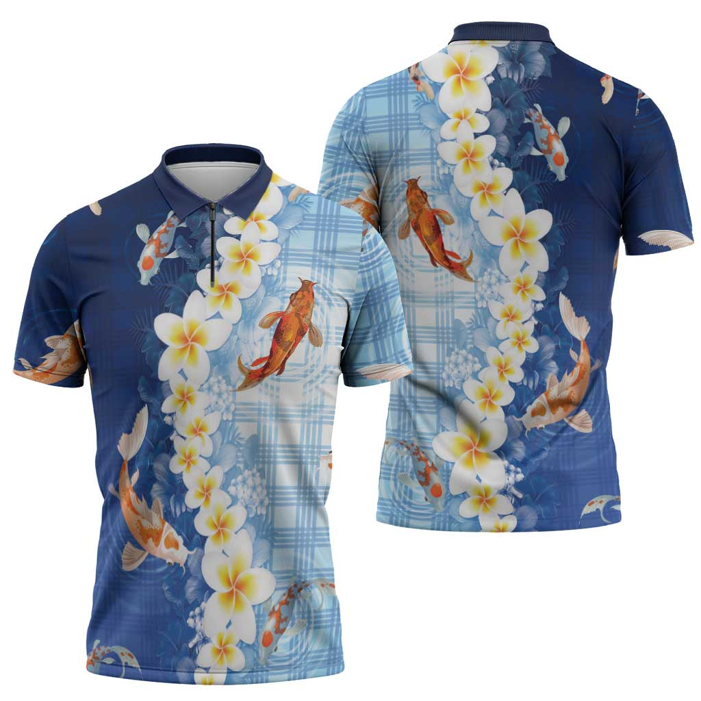 Hawaii And Japan Zipper Polo Shirt Plumeria Lei With Koi Fish Blue - Polynesian Pride