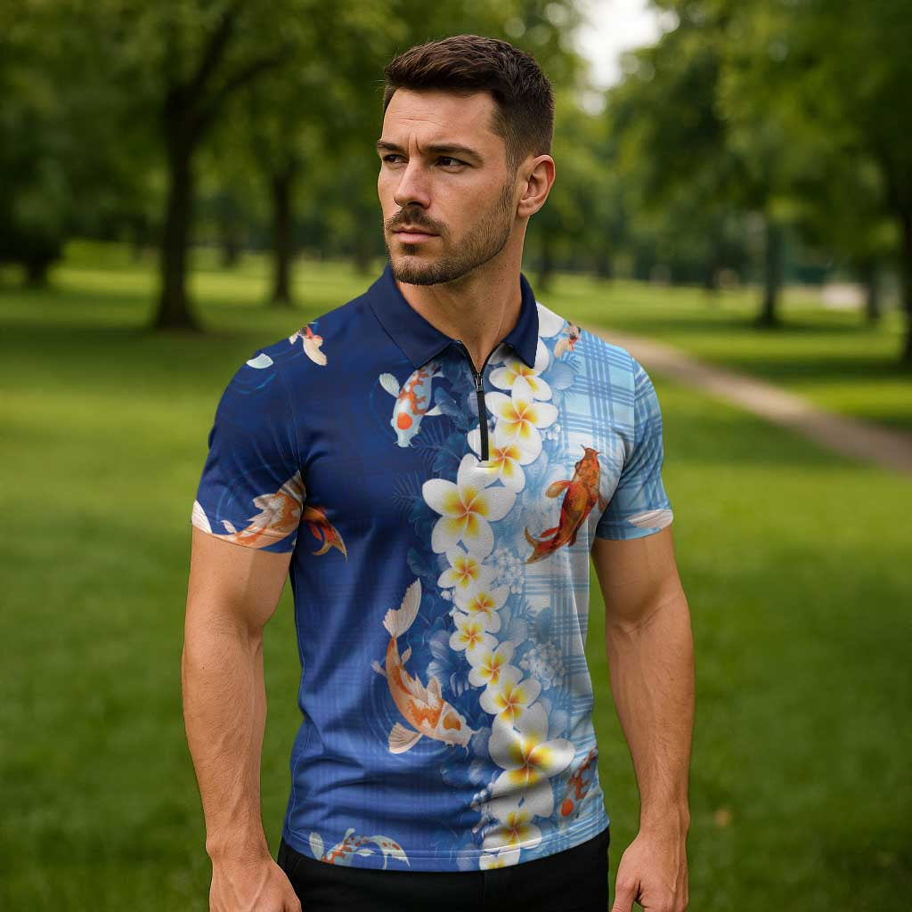Hawaii And Japan Zipper Polo Shirt Plumeria Lei With Koi Fish Blue - Polynesian Pride