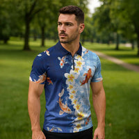 Hawaii And Japan Zipper Polo Shirt Plumeria Lei With Koi Fish Blue - Polynesian Pride
