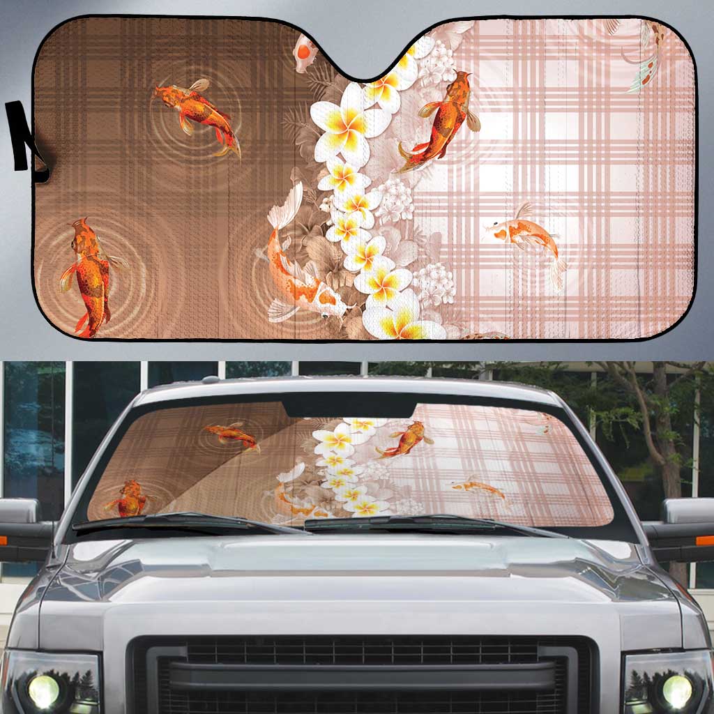Hawaii And Japan Auto Sun Shade Plumeria Lei With Koi Fish Beige LT05 Beige - Polynesian Pride
