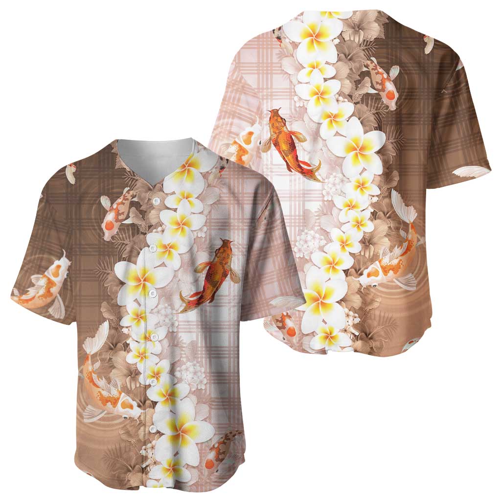 Hawaii And Japan Baseball Jersey Plumeria Lei With Koi Fish Beige - Polynesian Pride