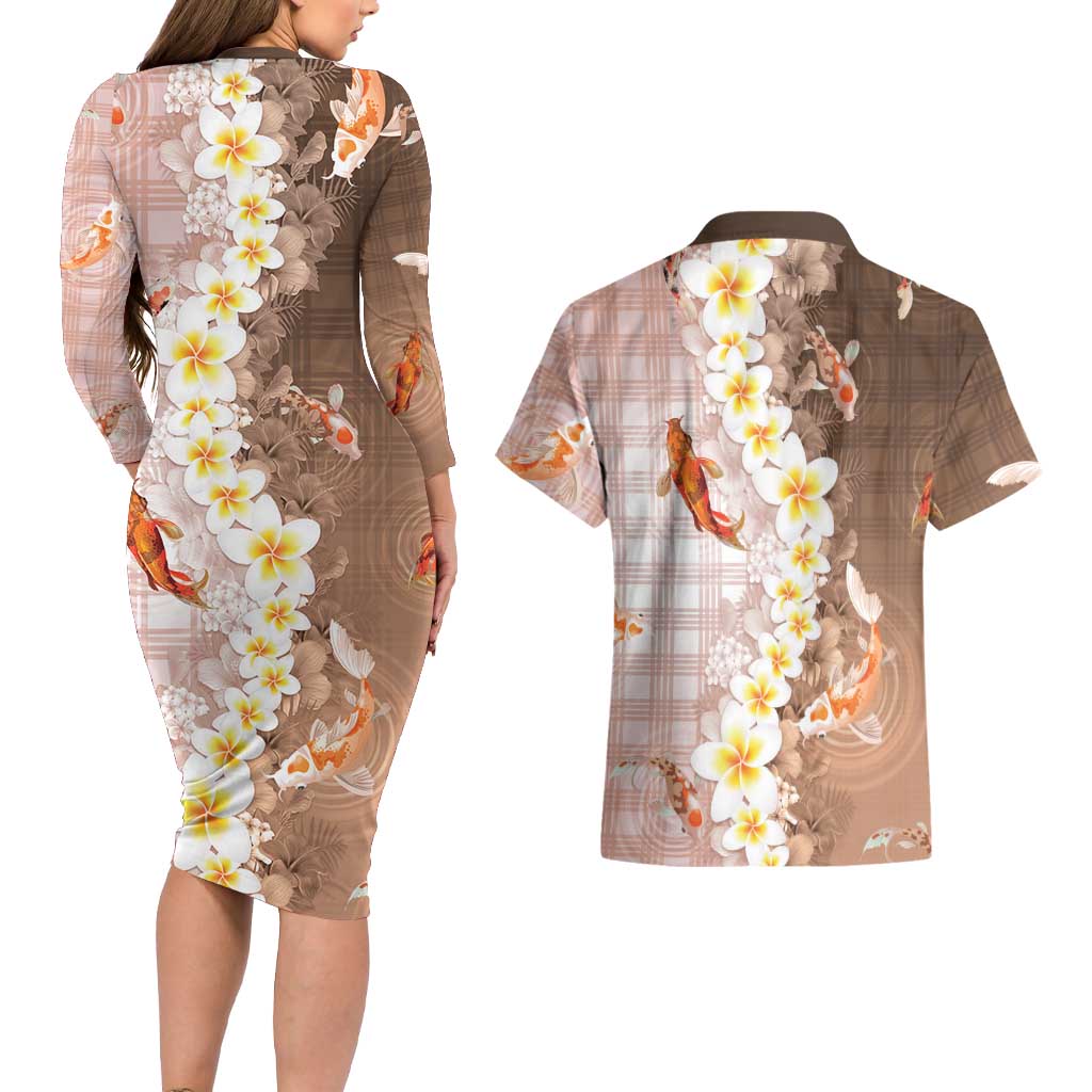 Hawaii And Japan Couples Matching Long Sleeve Bodycon Dress and Hawaiian Shirt Plumeria Lei With Koi Fish Beige LT05 - Polynesian Pride