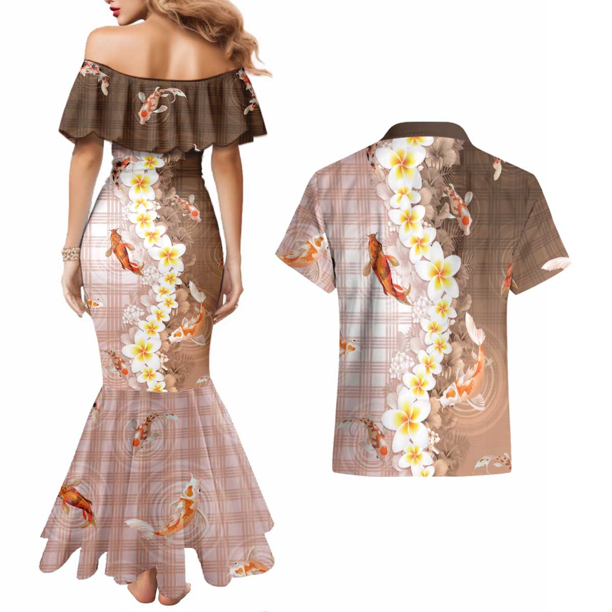Hawaii And Japan Couples Matching Mermaid Dress and Hawaiian Shirt Plumeria Lei With Koi Fish Beige LT05 - Polynesian Pride