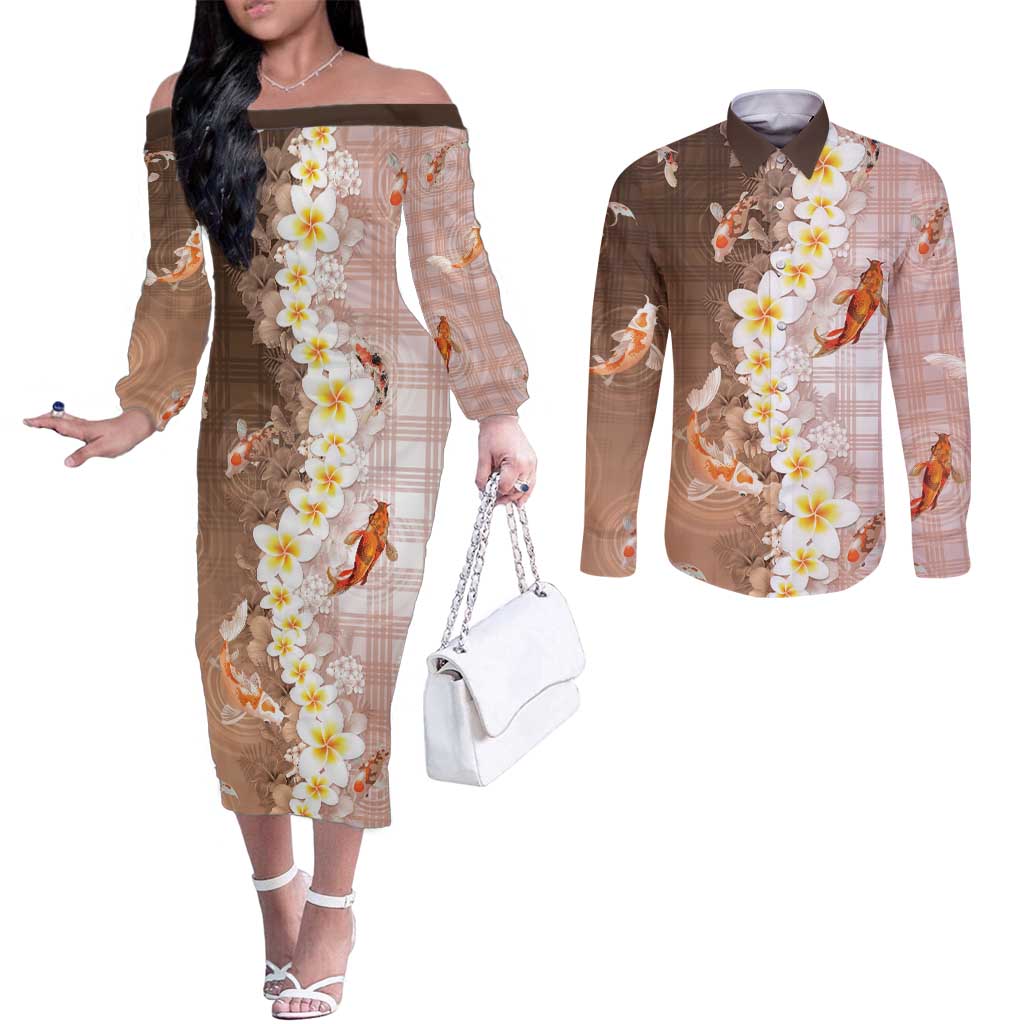Hawaii And Japan Couples Matching Off The Shoulder Long Sleeve Dress and Long Sleeve Button Shirt Plumeria Lei With Koi Fish Beige LT05 Beige - Polynesian Pride