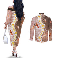 Hawaii And Japan Couples Matching Off The Shoulder Long Sleeve Dress and Long Sleeve Button Shirt Plumeria Lei With Koi Fish Beige LT05 - Polynesian Pride