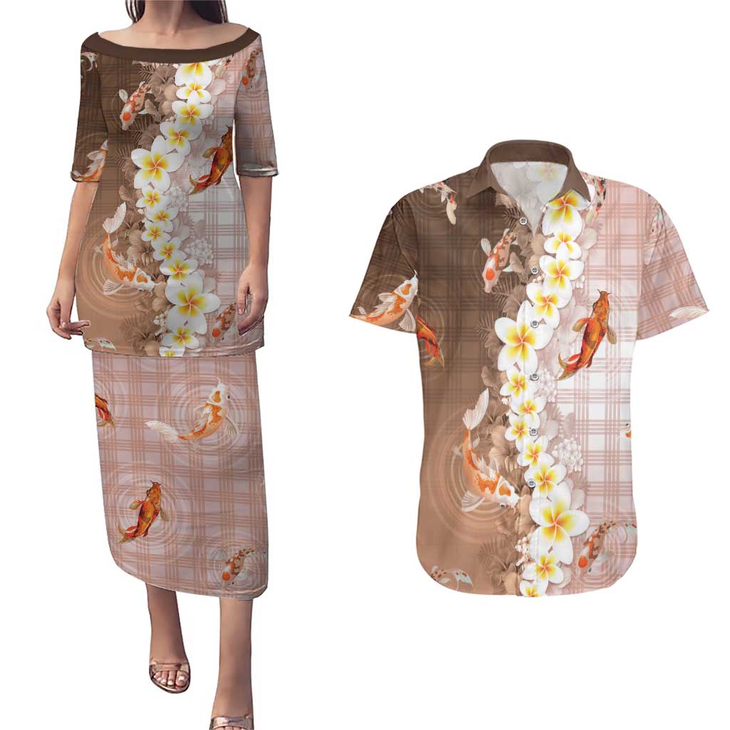 Hawaii And Japan Couples Matching Puletasi and Hawaiian Shirt Plumeria Lei With Koi Fish Beige - Polynesian Pride