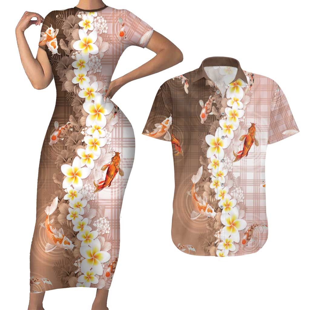 Hawaii And Japan Couples Matching Short Sleeve Bodycon Dress and Hawaiian Shirt Plumeria Lei With Koi Fish Beige LT05 Beige - Polynesian Pride