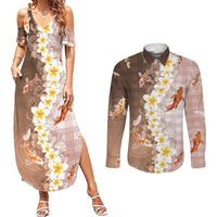 Hawaii And Japan Couples Matching Summer Maxi Dress and Long Sleeve Button Shirt Plumeria Lei With Koi Fish Beige - Polynesian Pride
