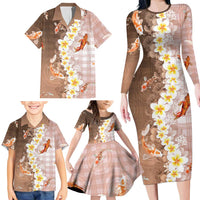 Hawaii And Japan Family Matching Long Sleeve Bodycon Dress and Hawaiian Shirt Plumeria Lei With Koi Fish Beige LT05 - Polynesian Pride