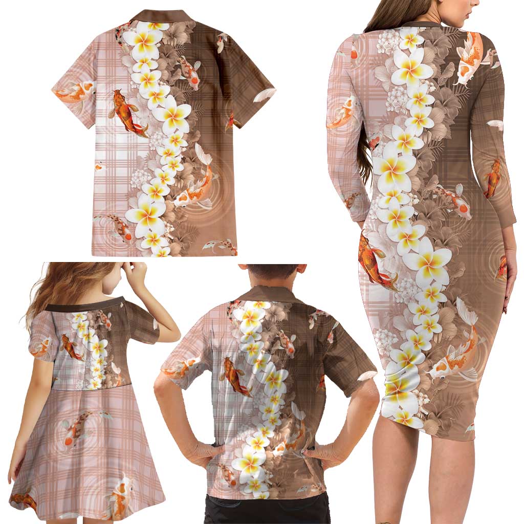 Hawaii And Japan Family Matching Long Sleeve Bodycon Dress and Hawaiian Shirt Plumeria Lei With Koi Fish Beige LT05 - Polynesian Pride
