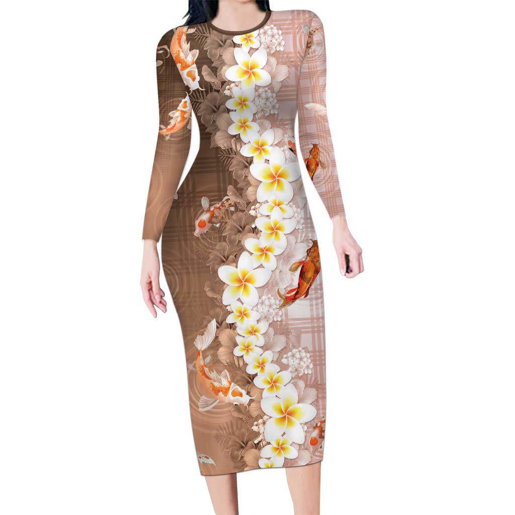 Hawaii And Japan Family Matching Long Sleeve Bodycon Dress and Hawaiian Shirt Plumeria Lei With Koi Fish Beige LT05 Mom's Dress Beige - Polynesian Pride