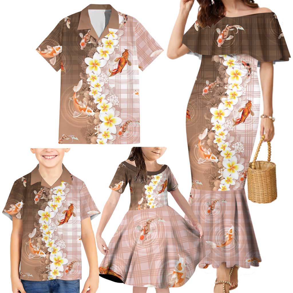 Hawaii And Japan Family Matching Mermaid Dress and Hawaiian Shirt Plumeria Lei With Koi Fish Beige - Polynesian Pride