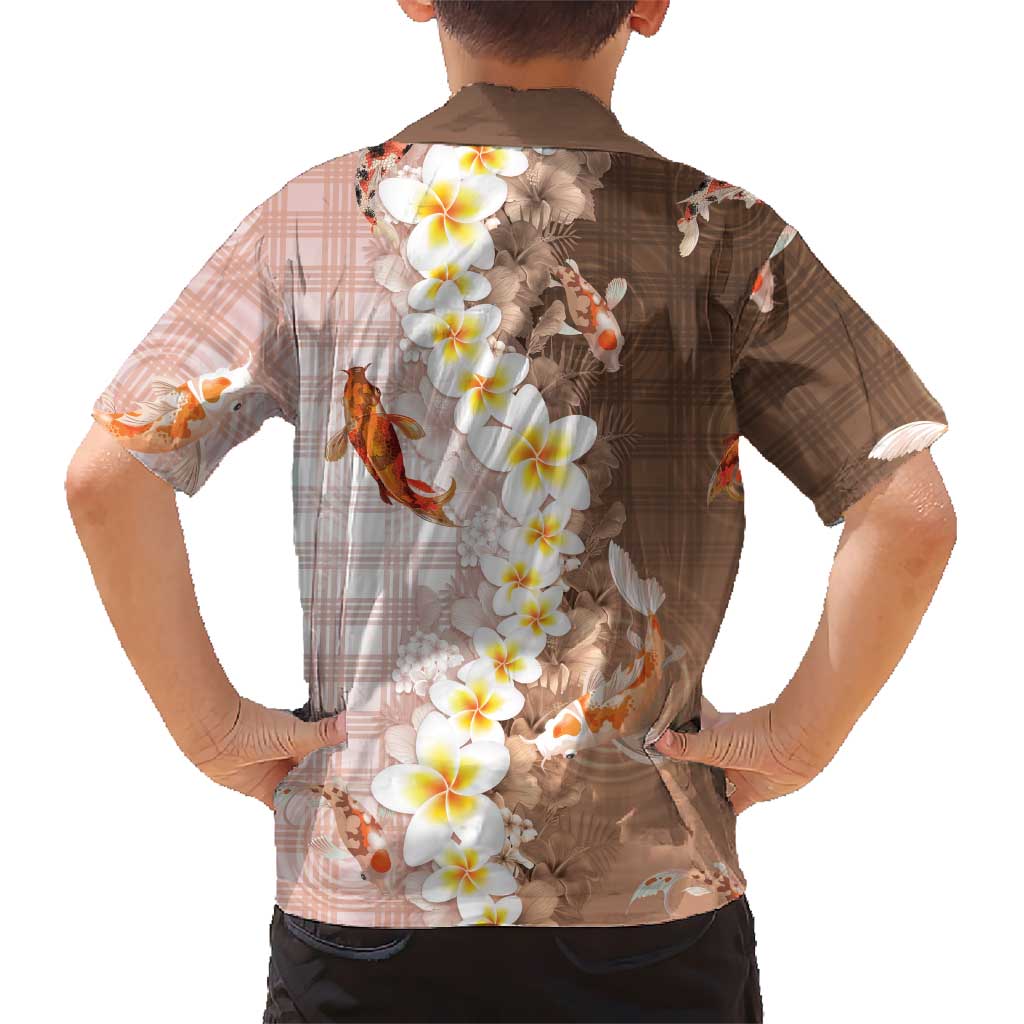 Hawaii And Japan Family Matching Off The Shoulder Long Sleeve Dress and Hawaiian Shirt Plumeria Lei With Koi Fish Beige LT05 - Polynesian Pride