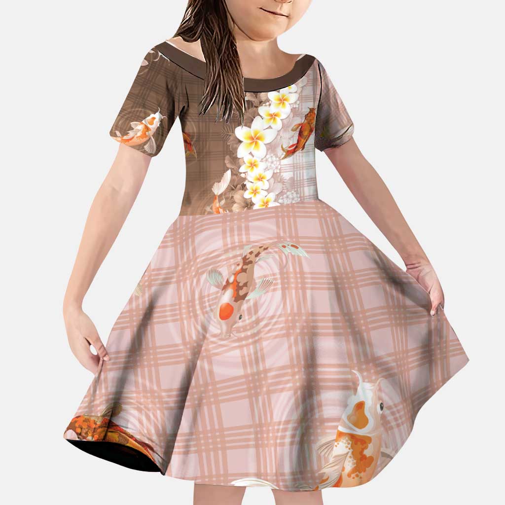 Hawaii And Japan Family Matching Off Shoulder Maxi Dress and Hawaiian Shirt Plumeria Lei With Koi Fish Beige LT05 Daughter's Dress Beige - Polynesian Pride