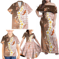 Hawaii And Japan Family Matching Off Shoulder Maxi Dress and Hawaiian Shirt Plumeria Lei With Koi Fish Beige LT05 - Polynesian Pride
