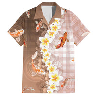 Hawaii And Japan Family Matching Off Shoulder Maxi Dress and Hawaiian Shirt Plumeria Lei With Koi Fish Beige LT05 Dad's Shirt - Short Sleeve Beige - Polynesian Pride