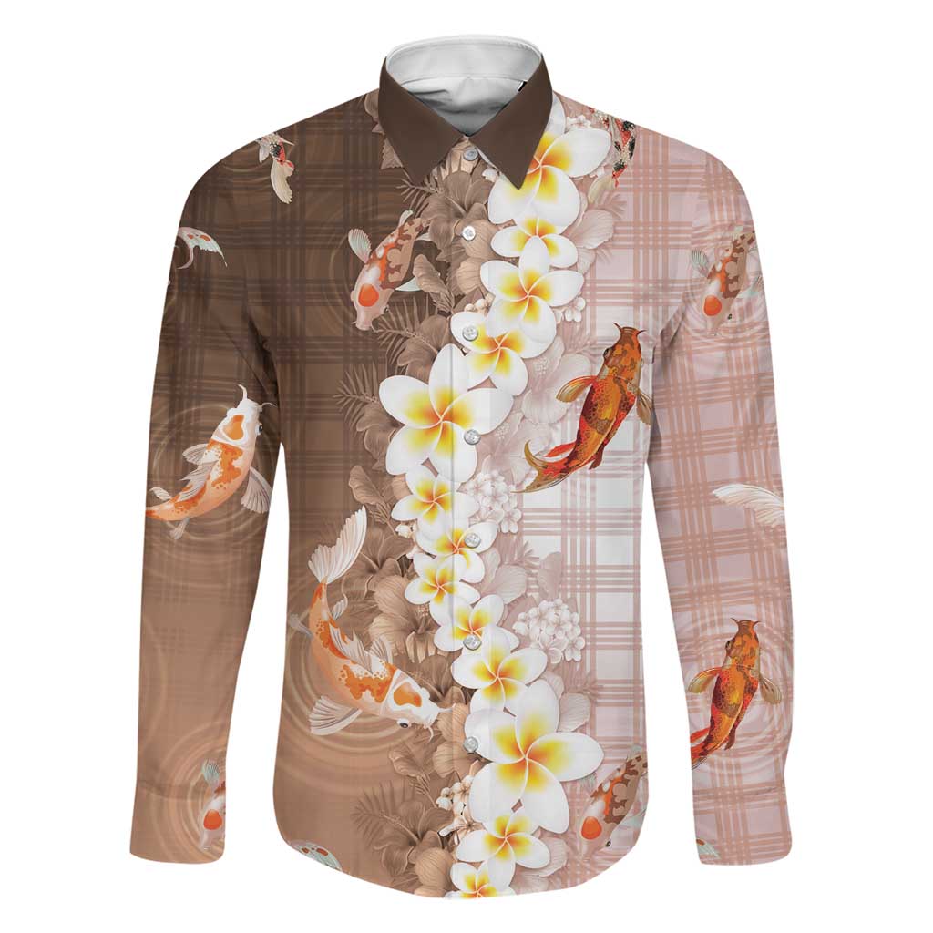 Hawaii And Japan Family Matching Off Shoulder Maxi Dress and Hawaiian Shirt Plumeria Lei With Koi Fish Beige LT05 Dad's Shirt - Long Sleeve Beige - Polynesian Pride