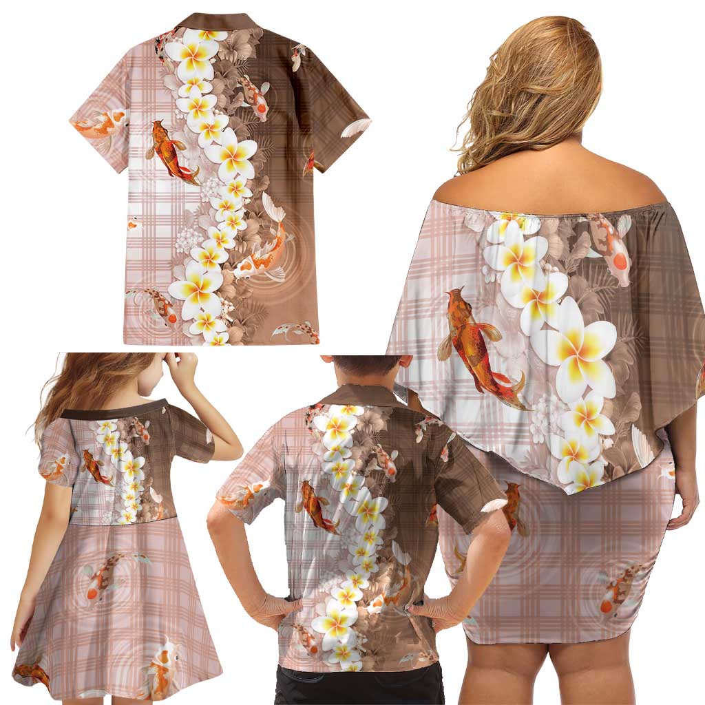 Hawaii And Japan Family Matching Off Shoulder Short Dress and Hawaiian Shirt Plumeria Lei With Koi Fish Beige LT05 - Polynesian Pride