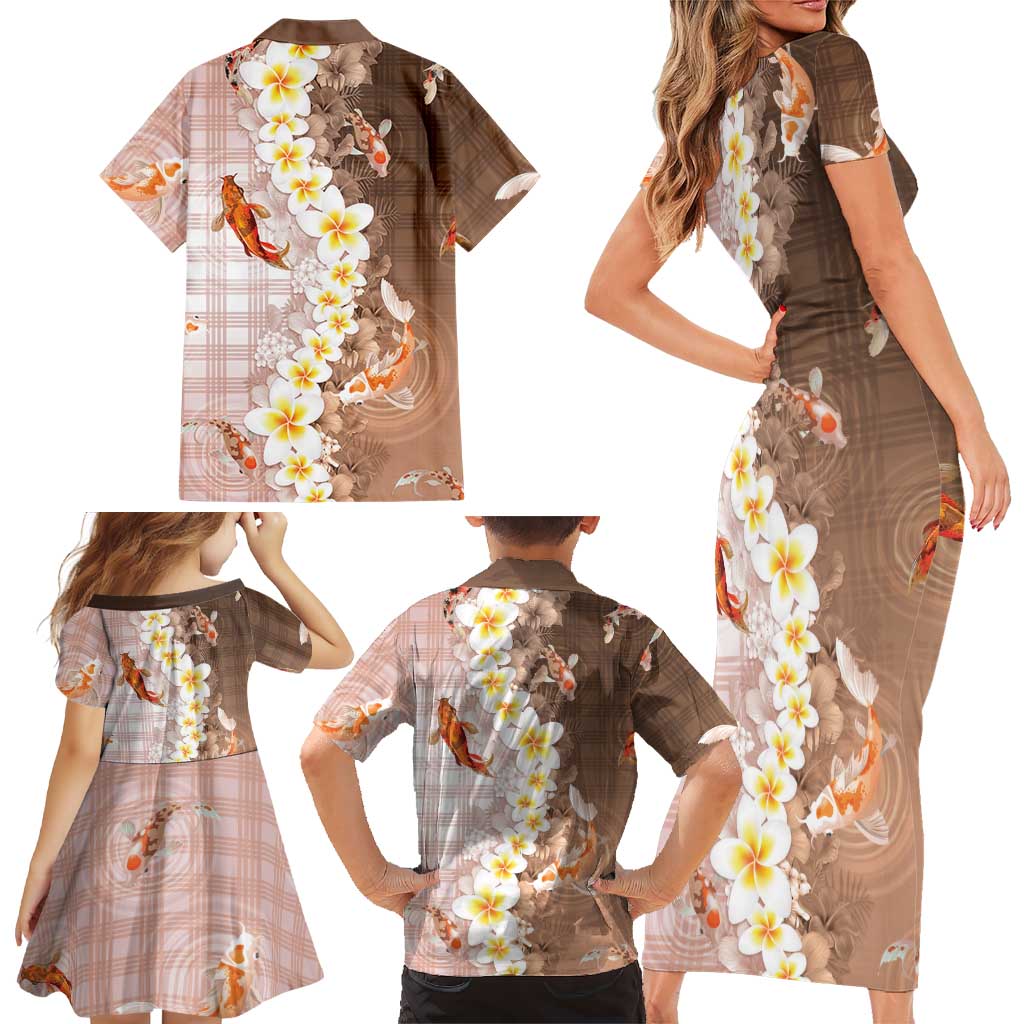 Hawaii And Japan Family Matching Short Sleeve Bodycon Dress and Hawaiian Shirt Plumeria Lei With Koi Fish Beige LT05 - Polynesian Pride