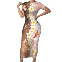 Hawaii And Japan Family Matching Short Sleeve Bodycon Dress and Hawaiian Shirt Plumeria Lei With Koi Fish Beige LT05 Mom's Dress Beige - Polynesian Pride