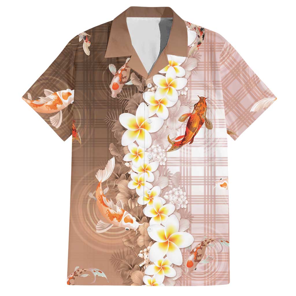 Hawaii And Japan Hawaiian Shirt Plumeria Lei With Koi Fish Beige - Polynesian Pride