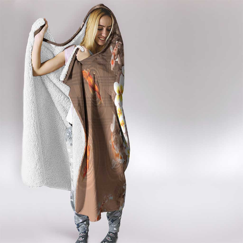 Hawaii And Japan Hooded Blanket Plumeria Lei With Koi Fish Beige - Polynesian Pride