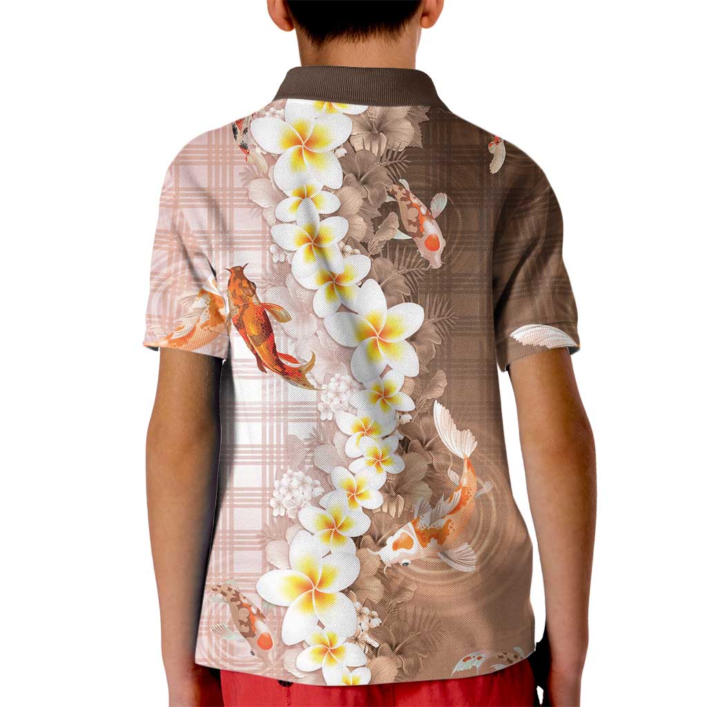 Hawaii And Japan Kid Polo Shirt Plumeria Lei With Koi Fish Beige - Polynesian Pride