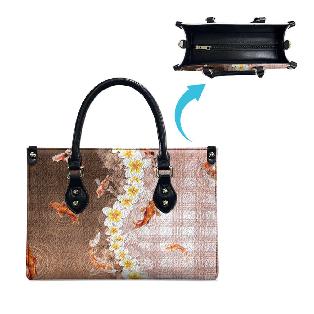 Hawaii And Japan Leather Bag Plumeria Lei With Koi Fish Beige - Polynesian Pride