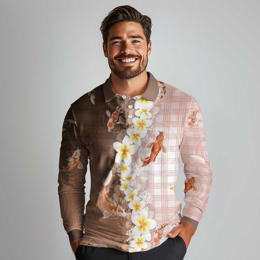 Hawaii And Japan Long Sleeve Polo Shirt Plumeria Lei With Koi Fish Beige - Polynesian Pride