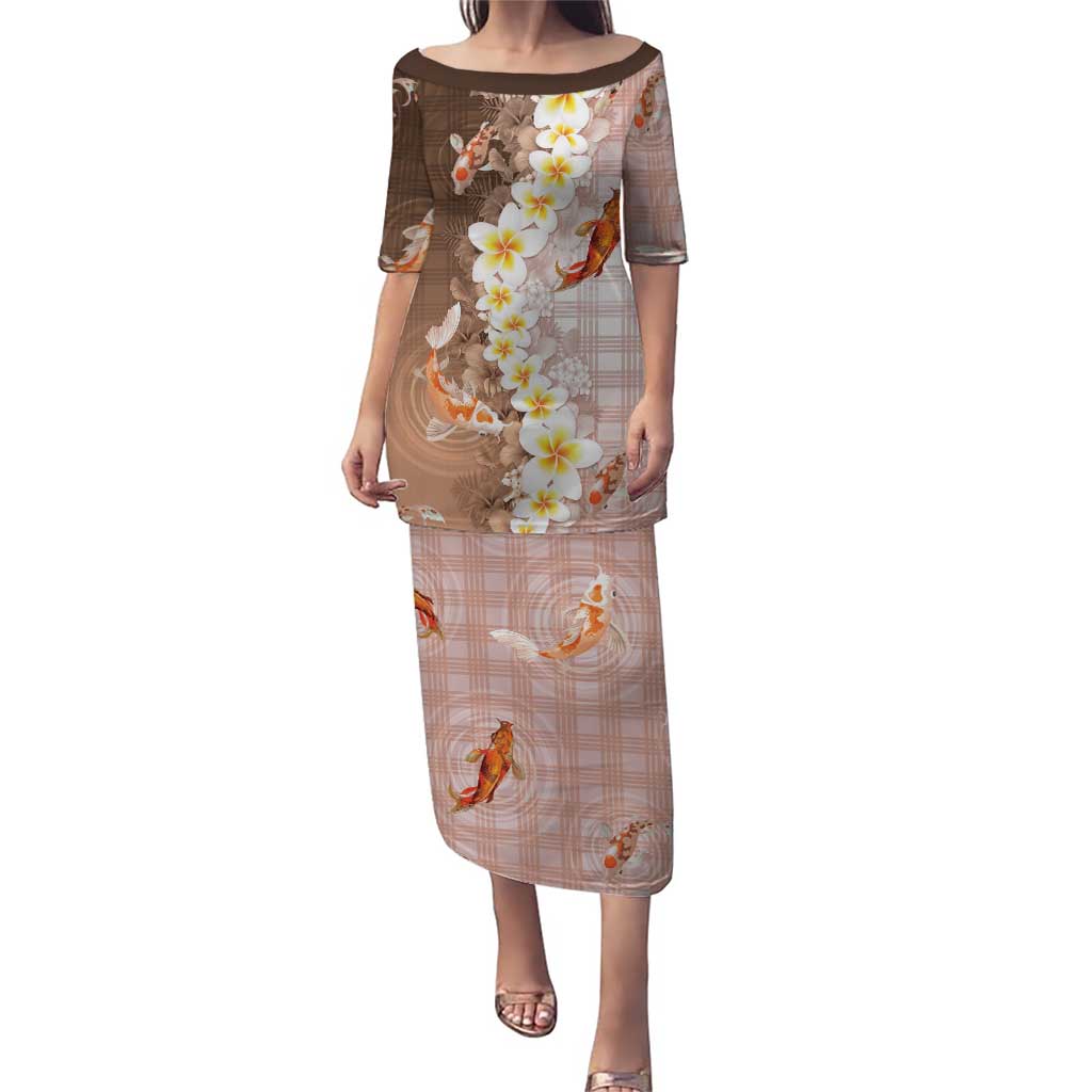 Hawaii And Japan Puletasi Plumeria Lei With Koi Fish Beige - Polynesian Pride
