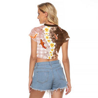 Hawaii And Japan Raglan Cropped T Shirt Plumeria Lei With Koi Fish Beige - Polynesian Pride