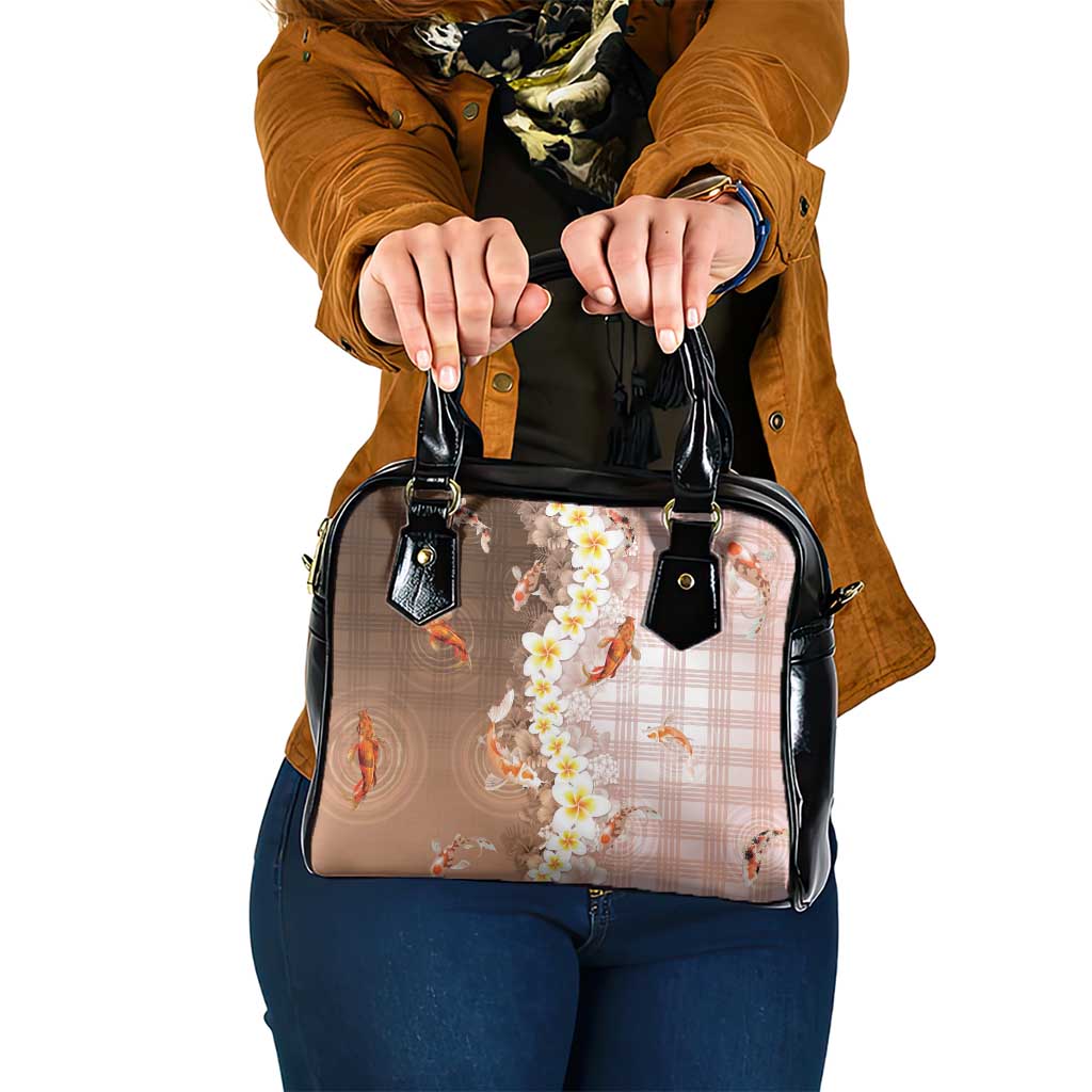 Hawaii And Japan Shoulder Handbag Plumeria Lei With Koi Fish Beige - Polynesian Pride