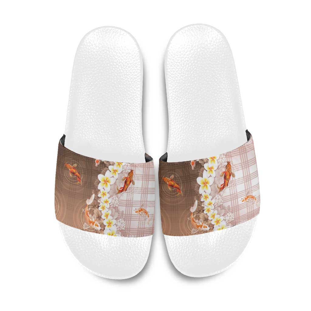 Hawaii And Japan Slide Sandals Plumeria Lei With Koi Fish Beige - Polynesian Pride