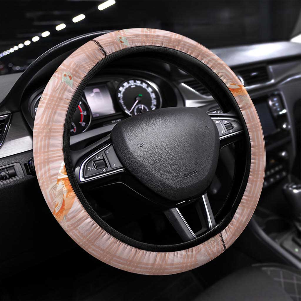 Hawaii And Japan Steering Wheel Cover Plumeria Lei With Koi Fish Beige - Polynesian Pride
