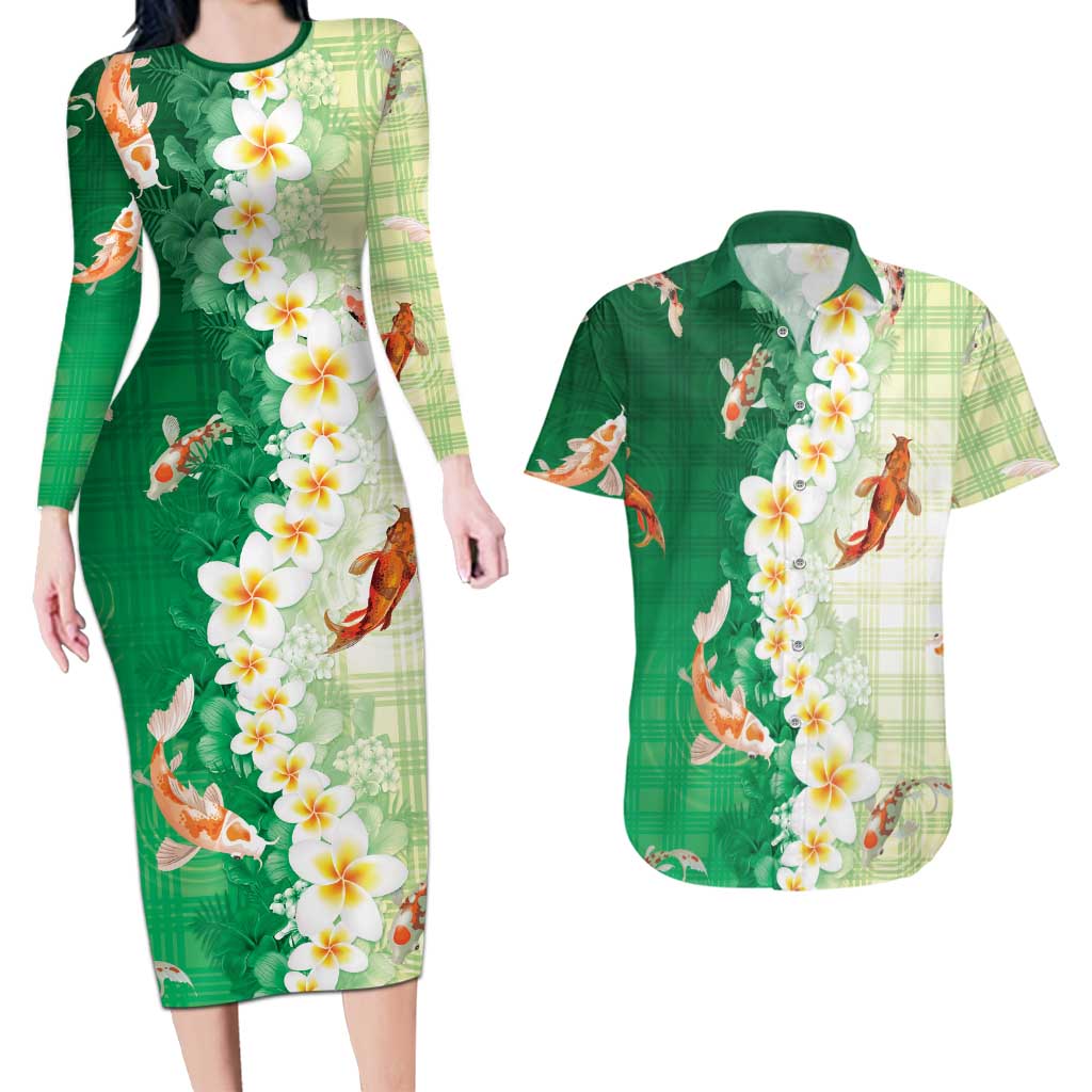 Hawaii And Japan Couples Matching Long Sleeve Bodycon Dress and Hawaiian Shirt Plumeria Lei With Koi Fish Green LT05 Green - Polynesian Pride