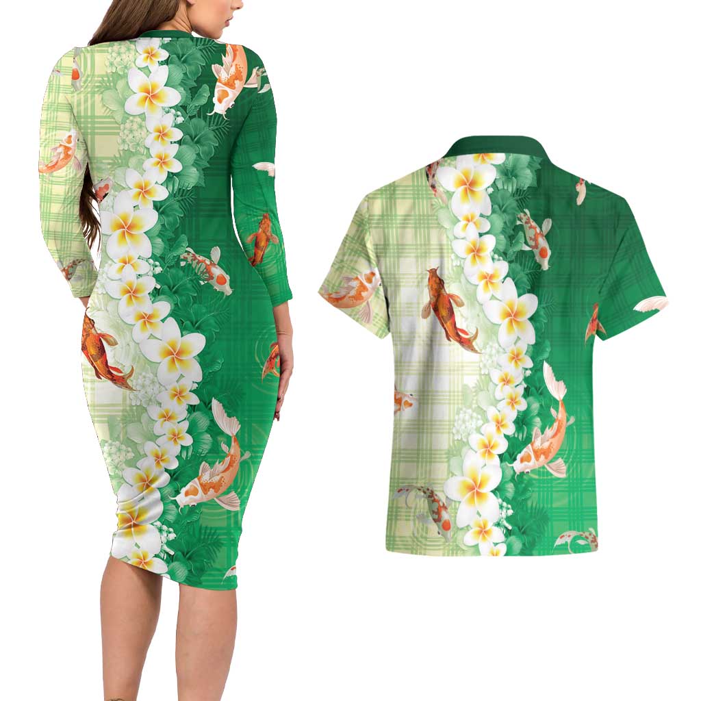 Hawaii And Japan Couples Matching Long Sleeve Bodycon Dress and Hawaiian Shirt Plumeria Lei With Koi Fish Green LT05 - Polynesian Pride