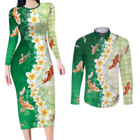 Hawaii And Japan Couples Matching Long Sleeve Bodycon Dress and Long Sleeve Button Shirt Plumeria Lei With Koi Fish Green LT05 Green - Polynesian Pride